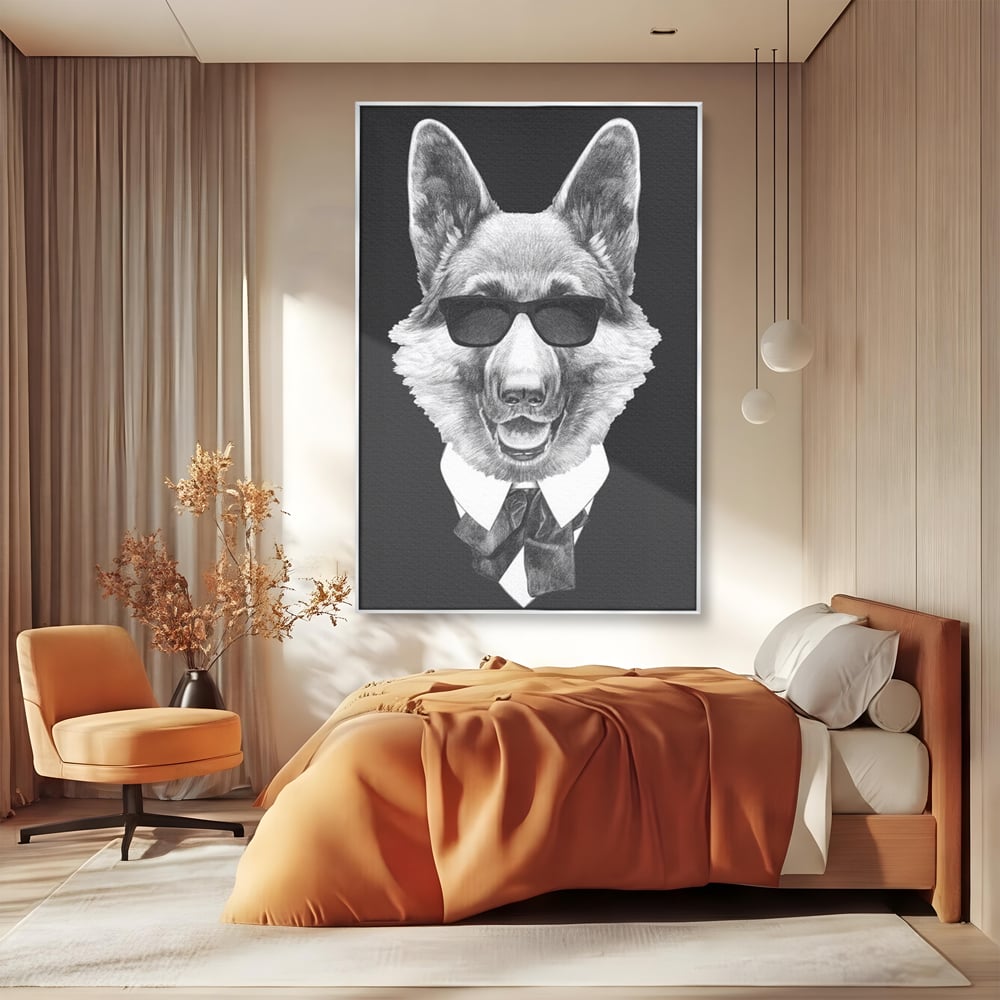 Tablou canvas cu portret ilustrativ caine gentleman, in rama de aluminiu argintiu, pe perete intr-un dormitor